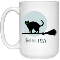 Witchy coffee mug with broomstick and cat design - Salem, MA