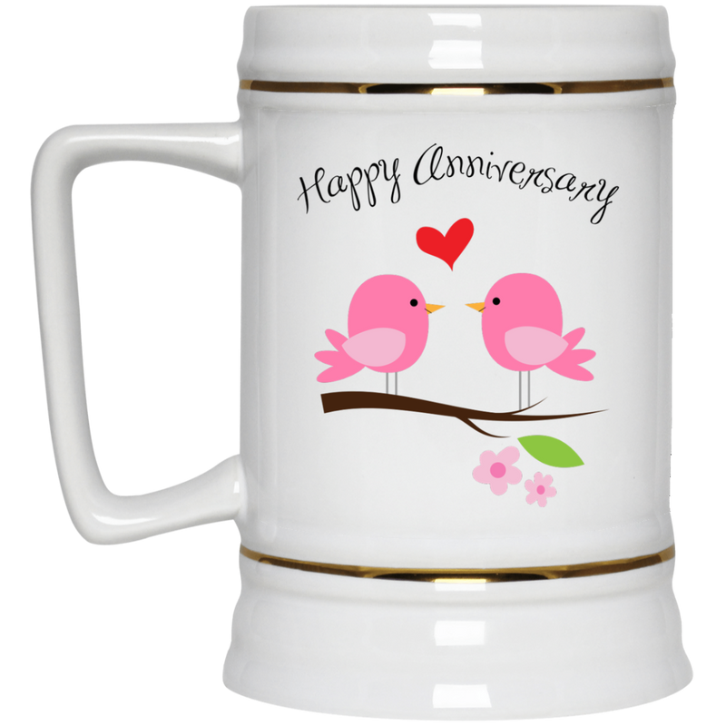11 oz. coffee mug with cute pink bird couple - Happy Anniversary.