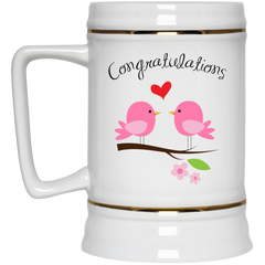 11 oz. coffee mug with cute, pink bird couple - Congratulations.