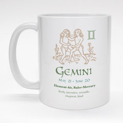 11 oz. astrology coffee mug with Gemini zodiac design.