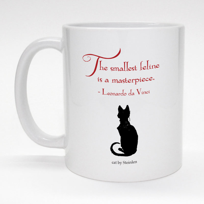 11 oz. coffee mug with black cat art and DaVinci quote.