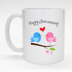 11 oz. coffee mug with cute pink and blue birds - Happy Anniversary.