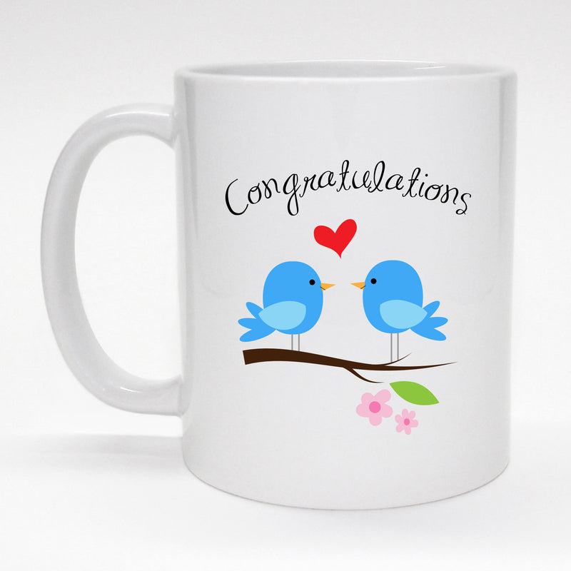 11 oz. coffee mug with cute, blue bird couple - Congratulations.