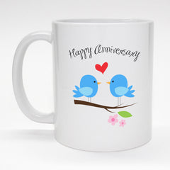 11 oz. coffee mug with cute blue bird couple - Happy Anniversary.
