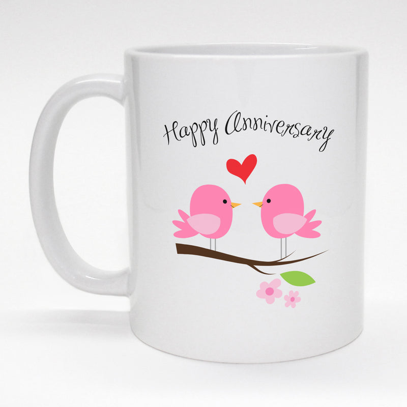 11 oz. coffee mug with cute pink bird couple - Happy Anniversary.