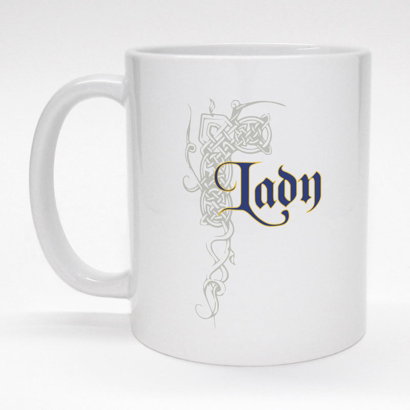 11 oz. mug with medieval scroll design - Lady.  