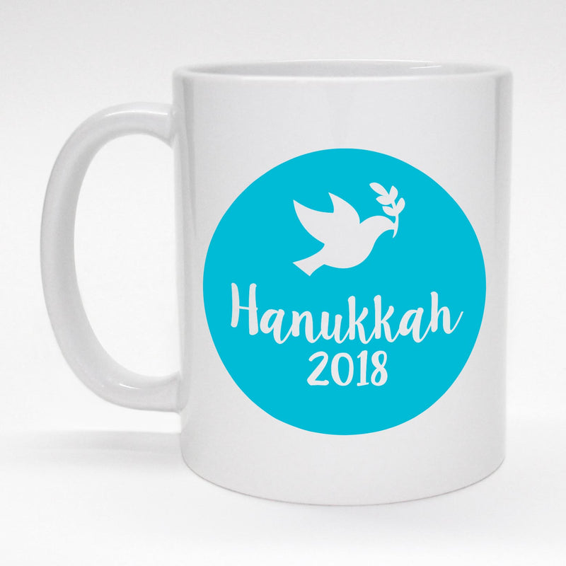11 oz. coffee mug with blue dove design - Hanukkah 2018.