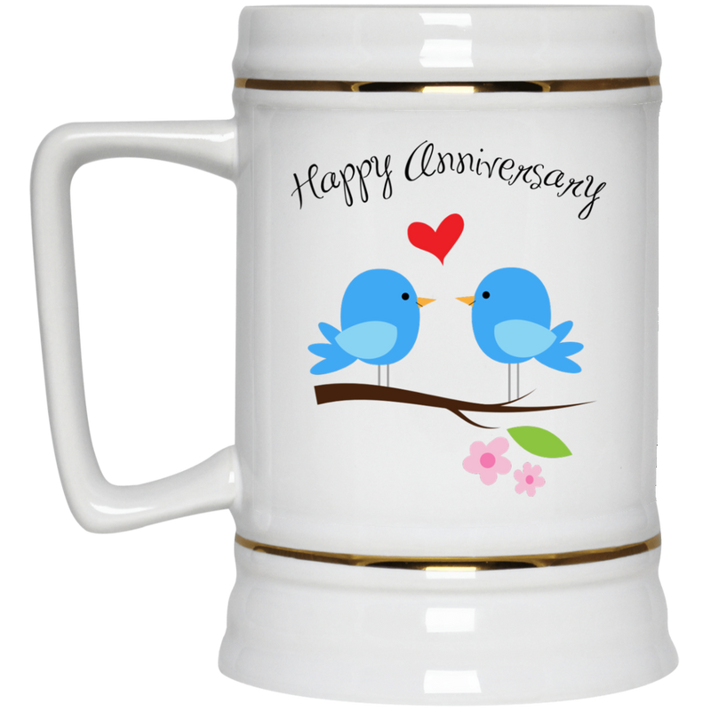 11 oz. coffee mug with cute blue bird couple - Happy Anniversary.