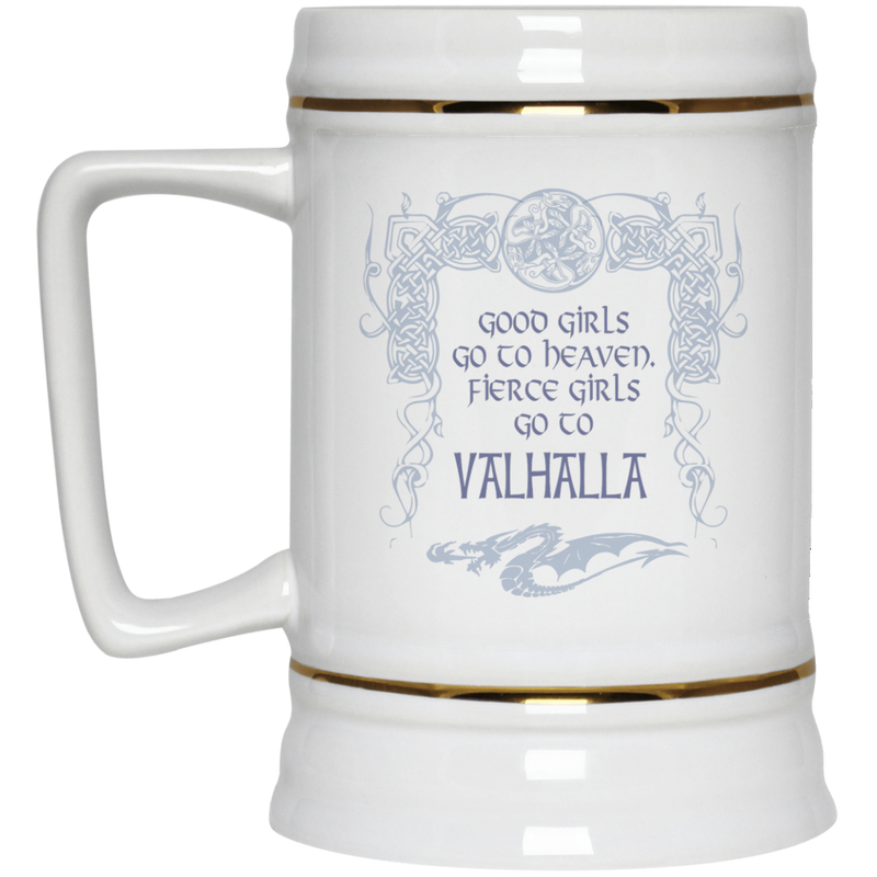 11 oz. coffee mug with Viking design - Fierce girls go to Valhalla.