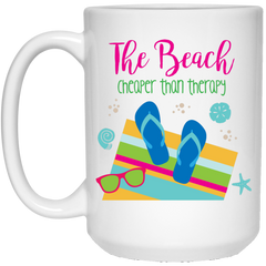 Colorful coffee mug with flip flops - The beach, cheaper than therapy.