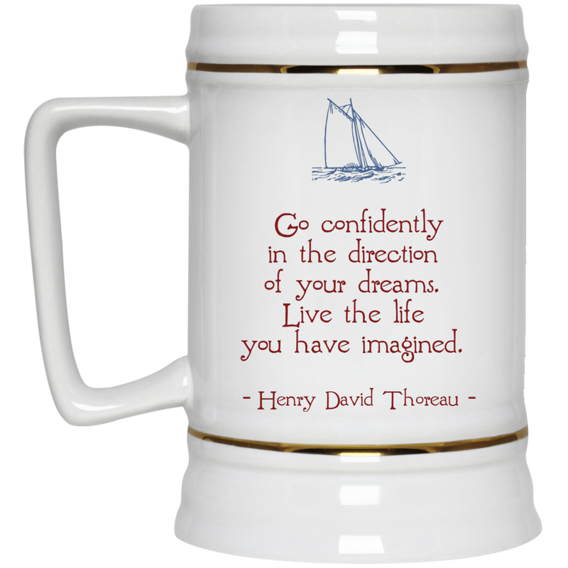 11 oz. coffee mug with sailboat and Thoreau "Go confidently" quote.