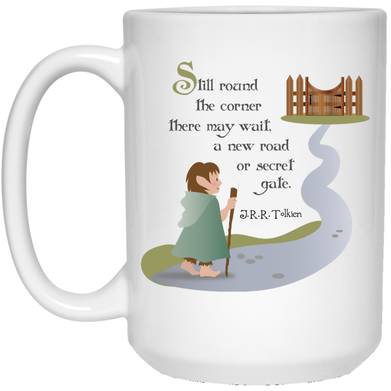 Coffee mug with Hobbit and Tolkien quote.