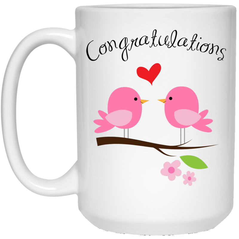 11 oz. coffee mug with cute, pink bird couple - Congratulations.