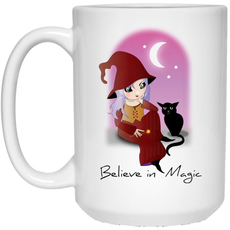 11 oz. mug with cute witch art - Believe in Magic.