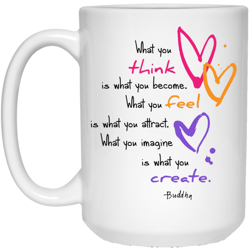 Colorful heart design coffee mug with Buddha quote