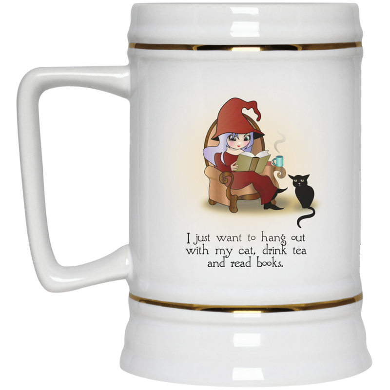 11. oz coffee mug with cute, witchy character - Tea, Books, Cat.