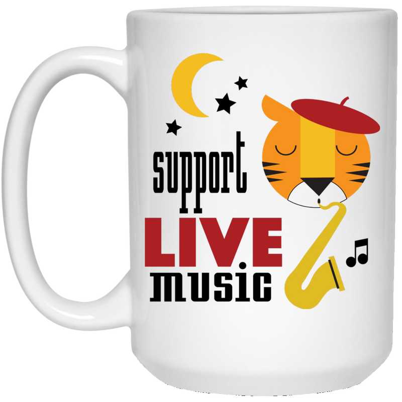 Support Live Music mug with jazz cat on sax.