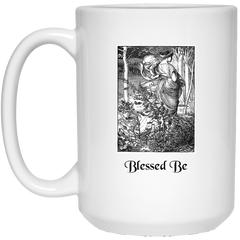 11 oz. coffee mug with black witch design. Blessed Be, wiccan quote.