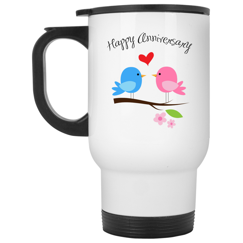 11 oz. coffee mug with cute pink and blue birds - Happy Anniversary.