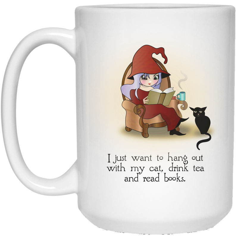 11. oz coffee mug with cute, witchy character - Tea, Books, Cat.