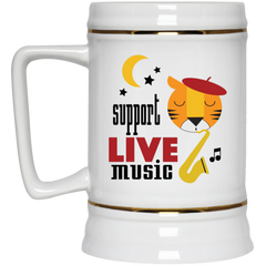 Support Live Music mug with jazz cat on sax.