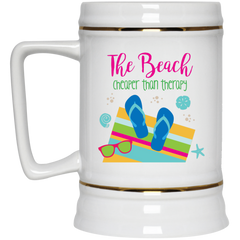 Colorful coffee mug with flip flops - The beach, cheaper than therapy.