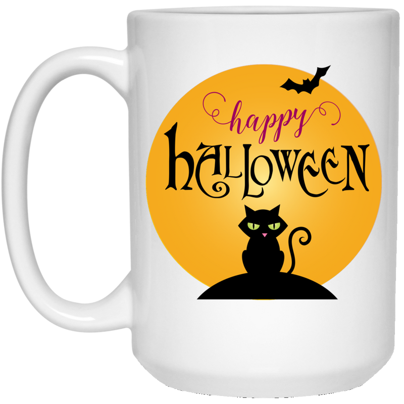 11 oz. coffee mug with black cat and moon design - Happy Halloween.