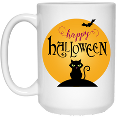 11 oz. coffee mug with black cat and moon design - Happy Halloween.