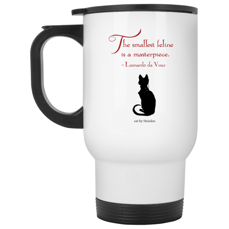 11 oz. coffee mug with black cat art and DaVinci quote.
